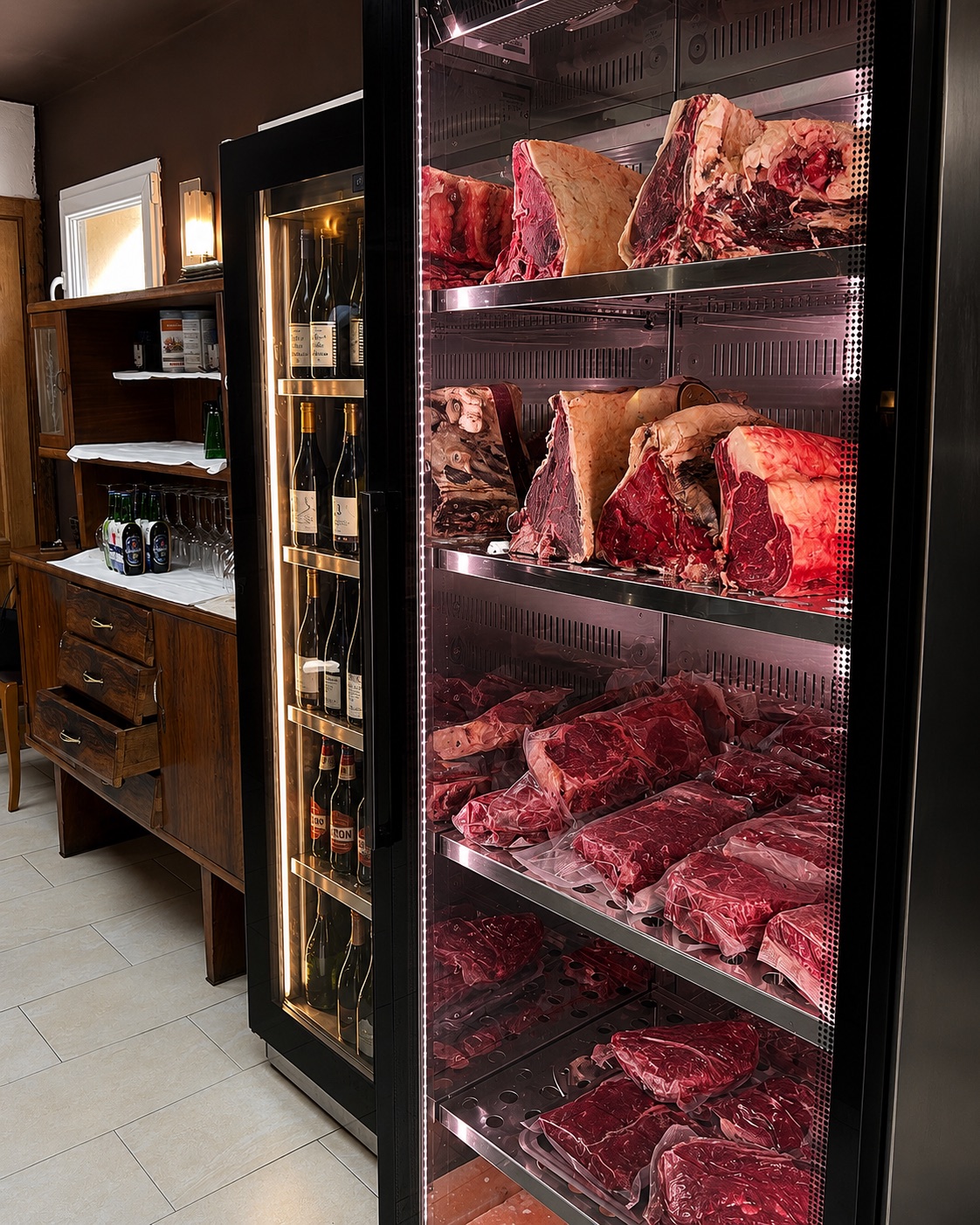 Cella di frollatura con tagli di carne e cantina vini de La Taverna