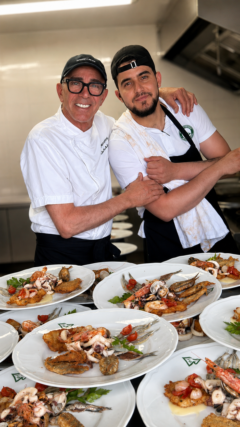 Chef de La Taverna con piatti di pesce preparati in cucina